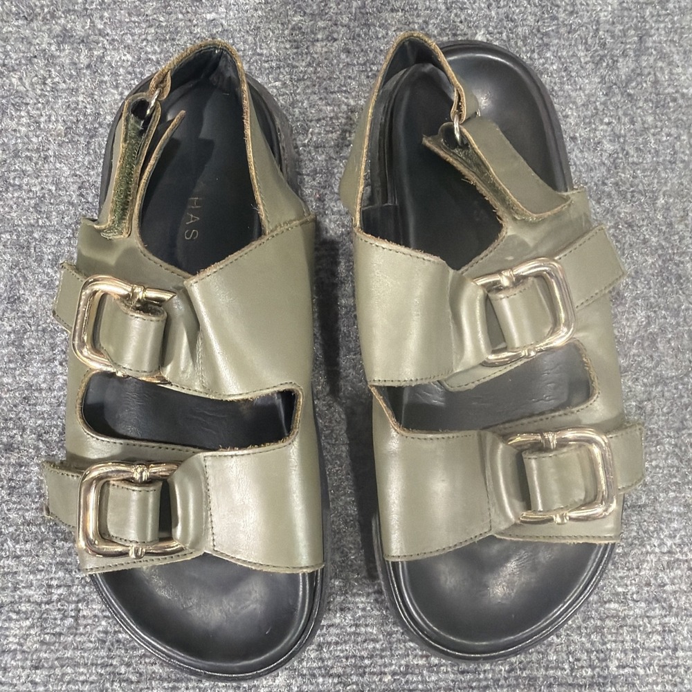 ALOHAS Harper Flat Sandals Olive Green Leather Chunky Gold Buckle EU 38 US 7 7.5 - Picture 12 of 12